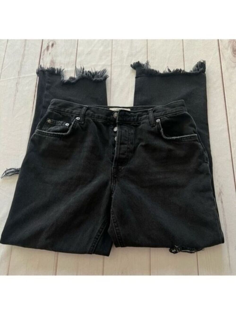 Free People Women's Maggie Straight Leg Jeans Black Mid Rise Distressed Sz 29